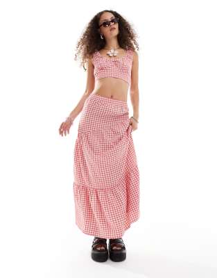 Reclaimed Vintage maxi asymmetric tiered skirt co ord in red gingham