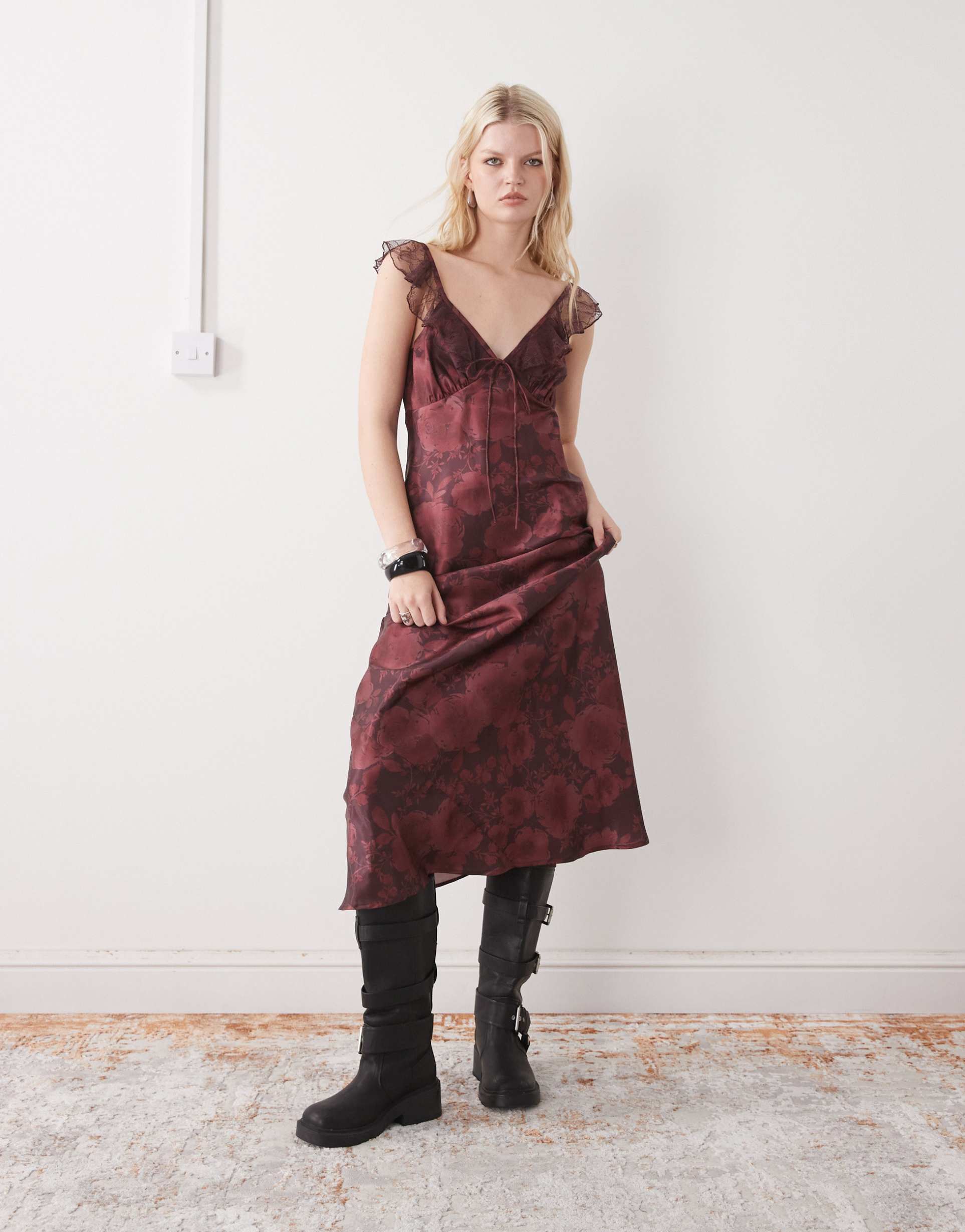reclaimed vintage maxi cami day dress with flutter lace sleeves in burgundy red floral print