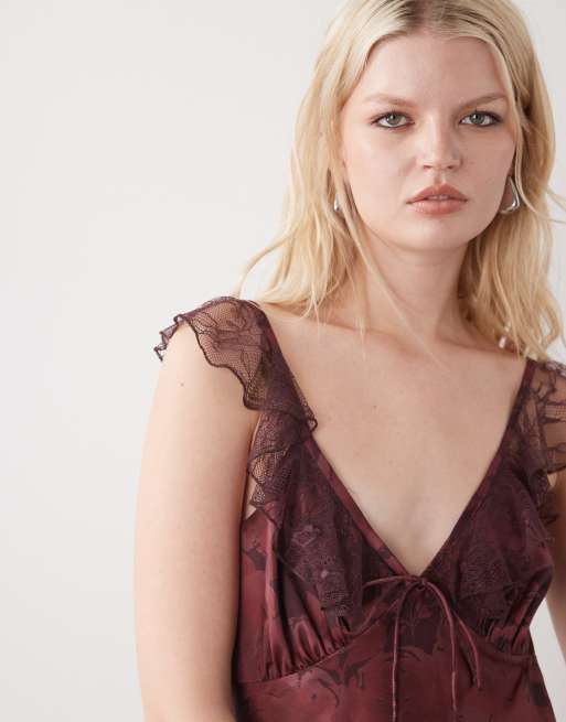Reclaimed Vintage maxi cami day dress with flutter lace sleeves in burgundy red  floral print | ASOS