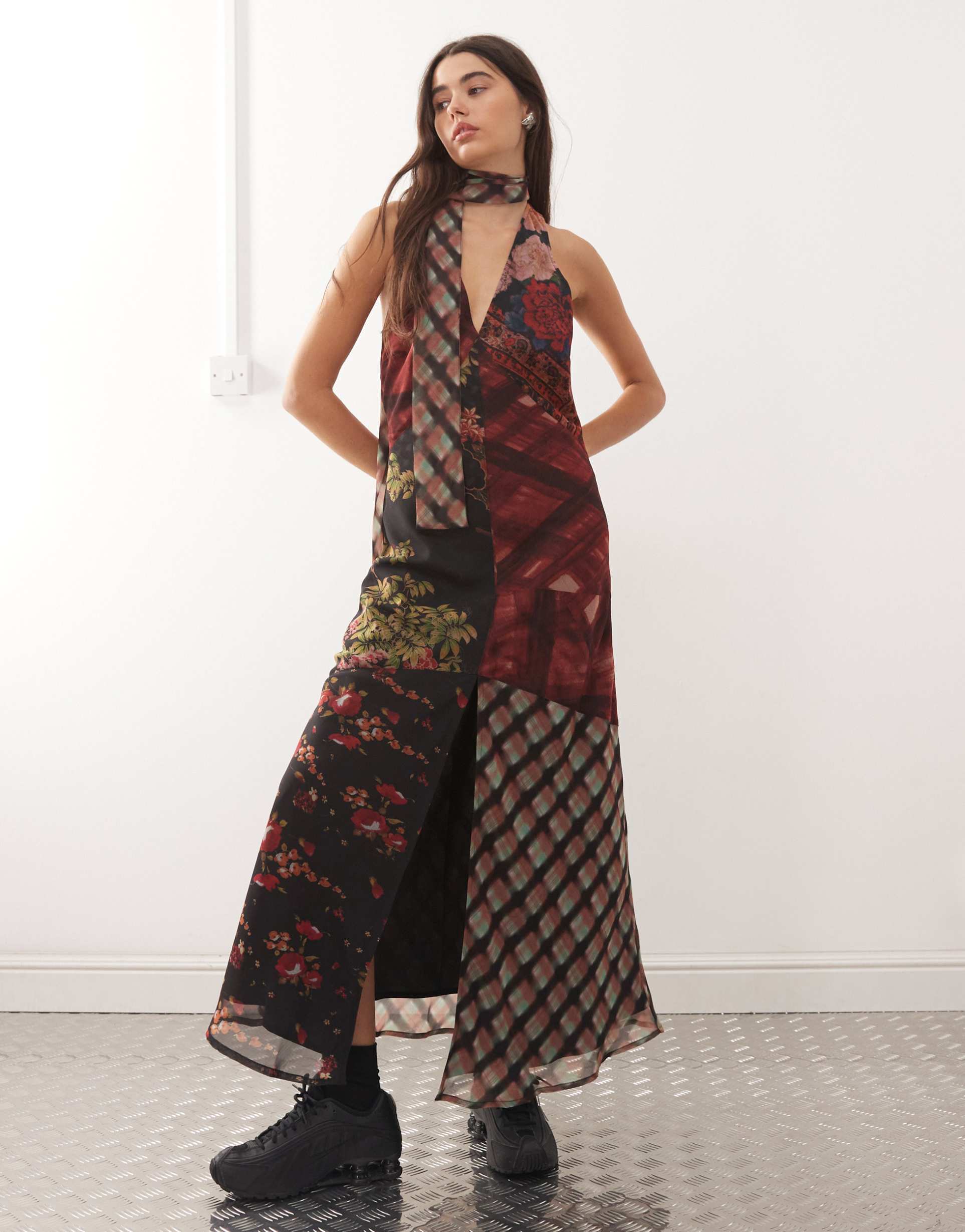 reclaimed vintage maxi cami dress with scarf in spliced floral and check print