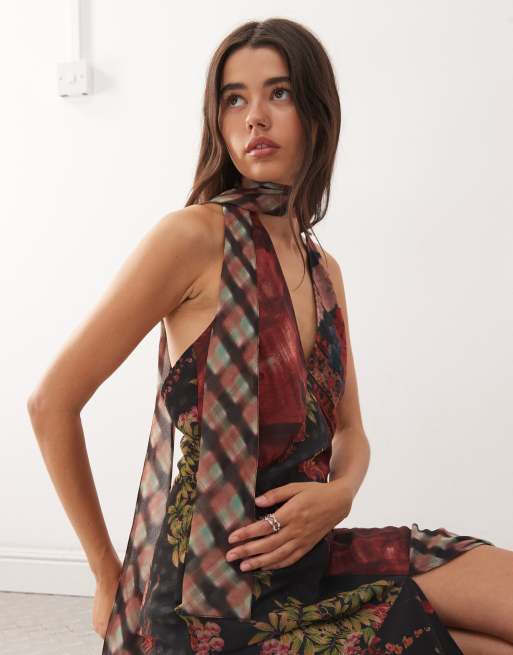 Reclaimed Vintage maxi cami dress with scarf in spliced floral and check  print | ASOS