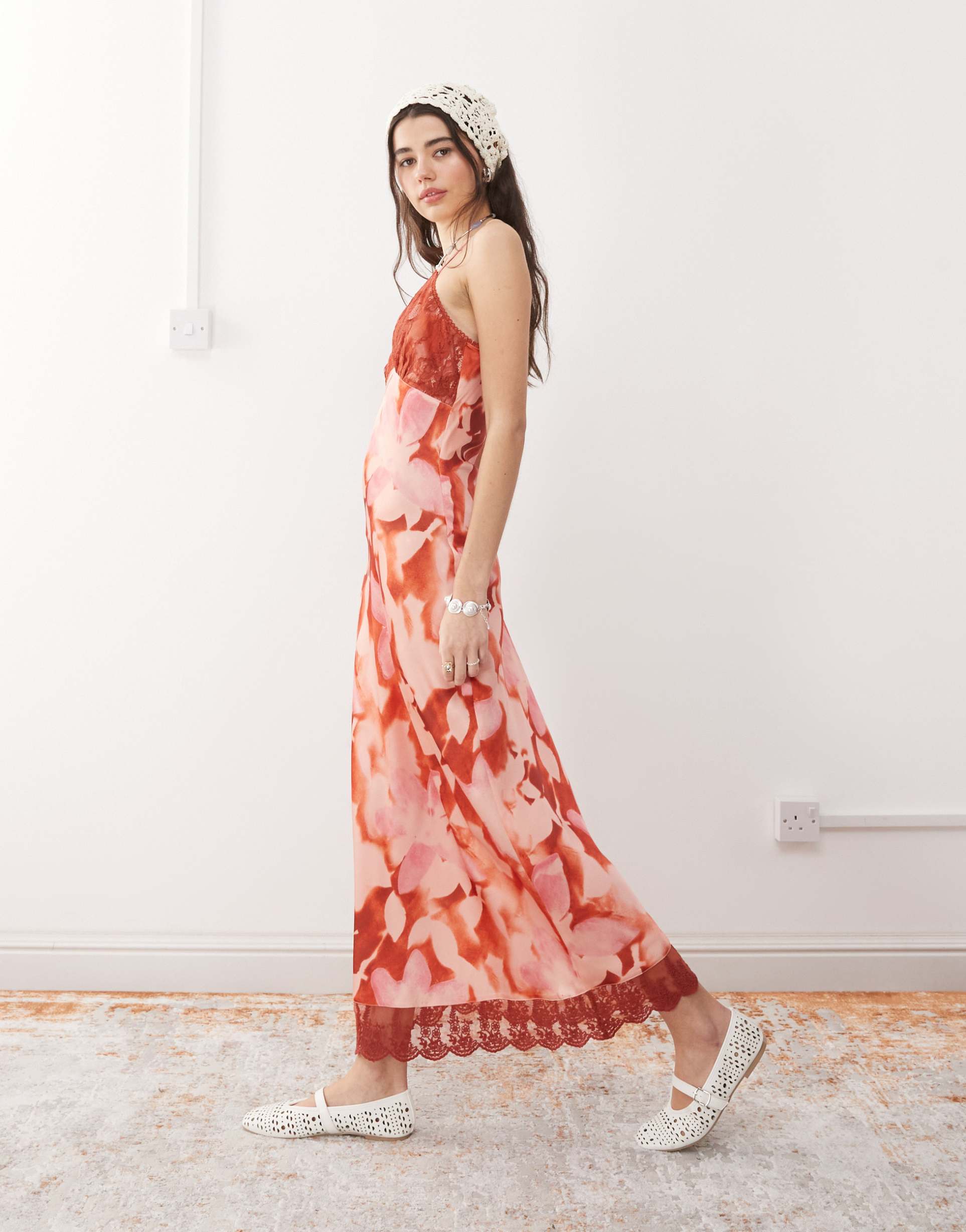 reclaimed vintage maxi cami slip dress with lace trim in red floral print