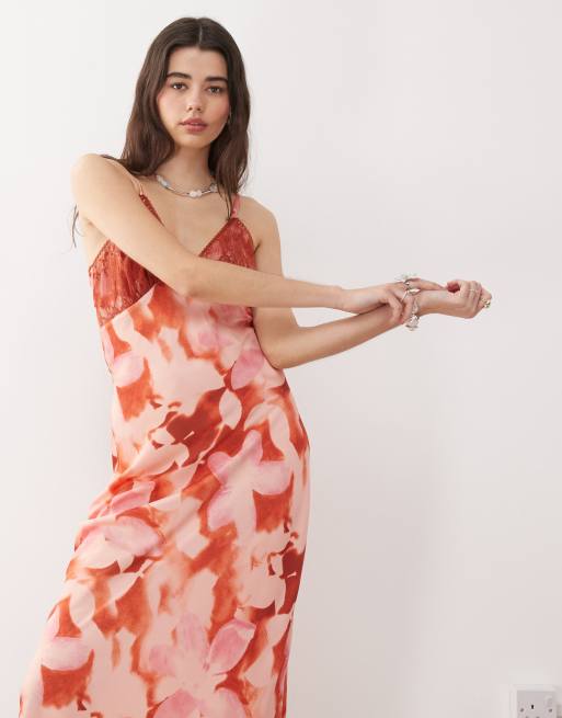 Reclaimed Vintage maxi cami slip dress with lace trim in red floral print