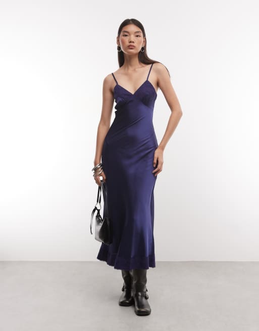 Reclaimed Vintage maxi cami slip dress with lace trims in navy, 1 of 4
