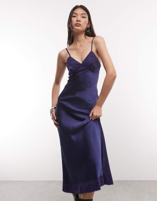 Reclaimed Vintage maxi cami slip dress with lace trims in navy, 3 of 4