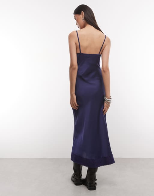Reclaimed Vintage maxi cami slip dress with lace trims in navy, 4 of 4