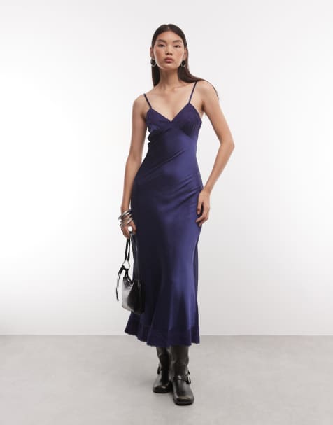 Reclaimed Vintage Maxi-Cami-Slipkleid mit Spitzenbesatz in Marineblau - view 1