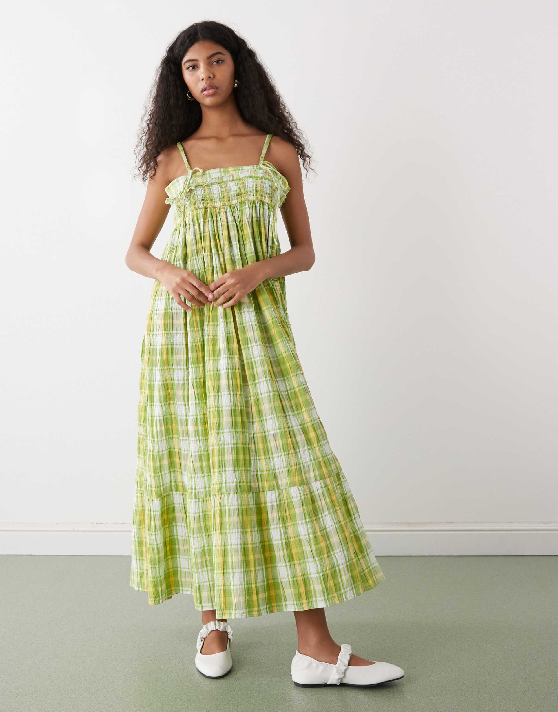 reclaimed vintage maxi cami smock dress with ruffles and bow straps in green check