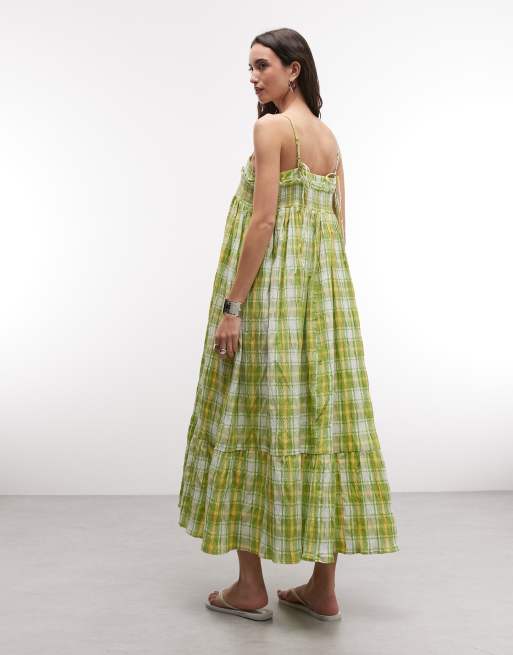 Reclaimed Vintage maxi cami smock dress with ruffles and bow straps in green check, 4 of 4