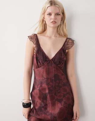 Reclaimed Vintage Maxi Cami Tea Dress With Flutter Lace Sleeves In Red