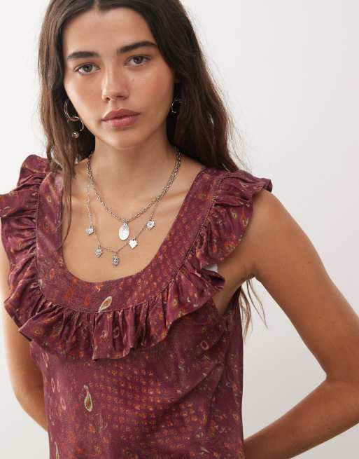 Reclaimed Vintage maxi tea dress with frill neck in burgundy floral print