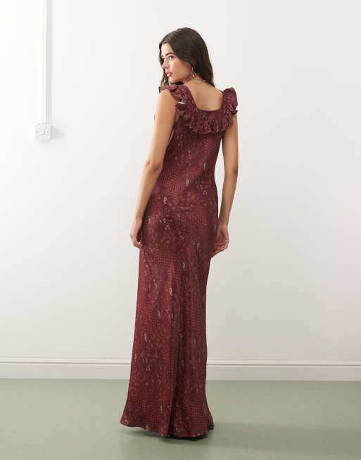 Reclaimed Vintage maxi tea dress with frill neck in burgundy floral print