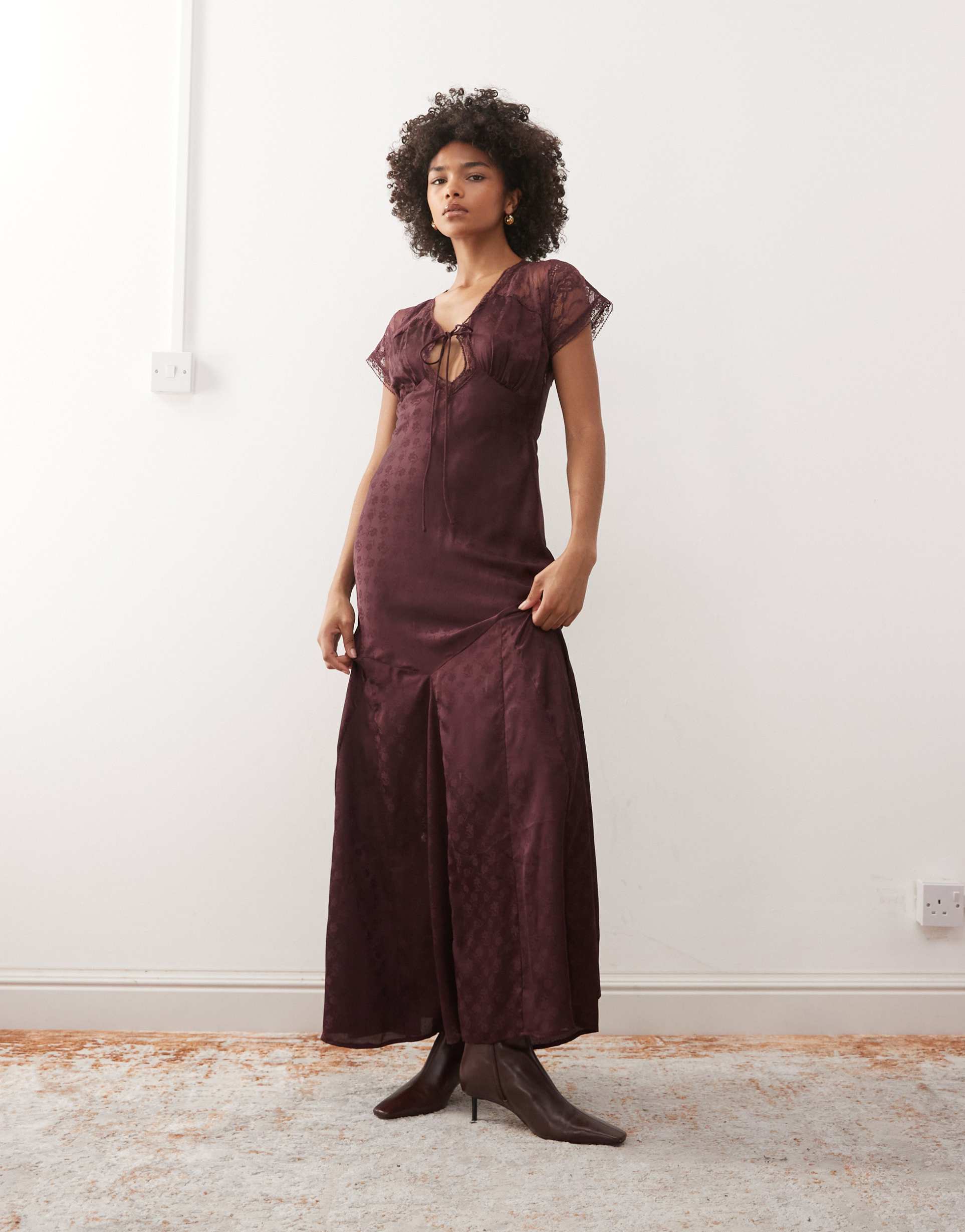 reclaimed vintage maxi day dress with lace inserts in plum floral satin jacquard