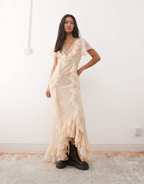 Reclaimed Vintage maxi day dress with ruffles and asymmetric hem in cream - view 1