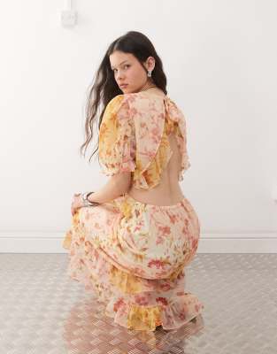 reclaimed vintage maxi dress with cutout detail in spliced floral print