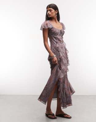 Reclaimed Vintage Maxi Dress With Godet Ruffles And Splits In Multi