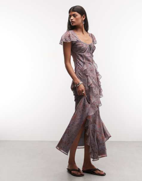 Reclaimed Vintage maxi dress with godet ruffles and splits in mauve floral print - view 1