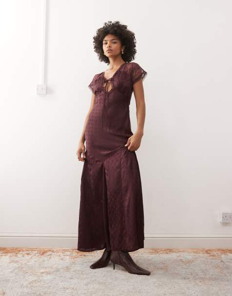 Reclaimed Vintage maxi dress with lace flutter sleeves in plum floral satin jacquard - view 1