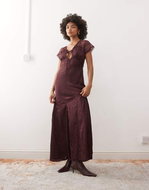 Reclaimed Vintage maxi dress with lace flutter sleeves in plum floral satin jacquard