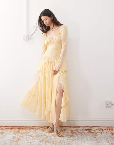 Reclaimed Vintage maxi dress with long sleeves and ruffles in butter yellow - view 1