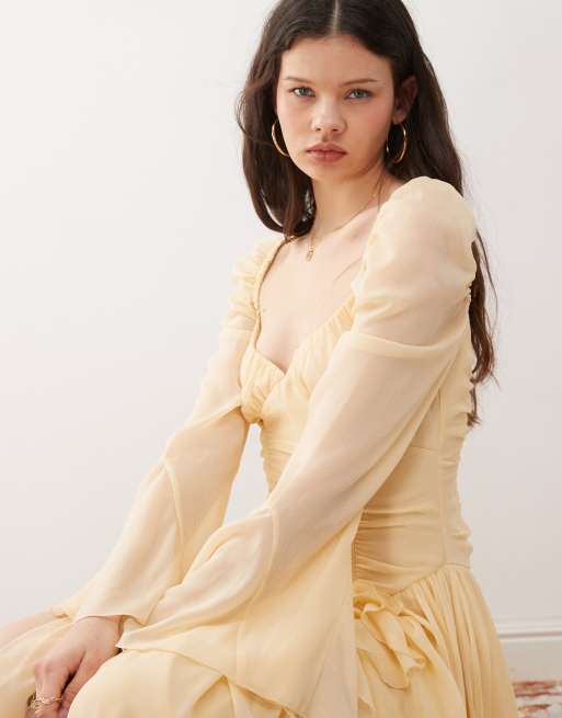 Reclaimed Vintage maxi dress with long sleeves and ruffles in butter yellow