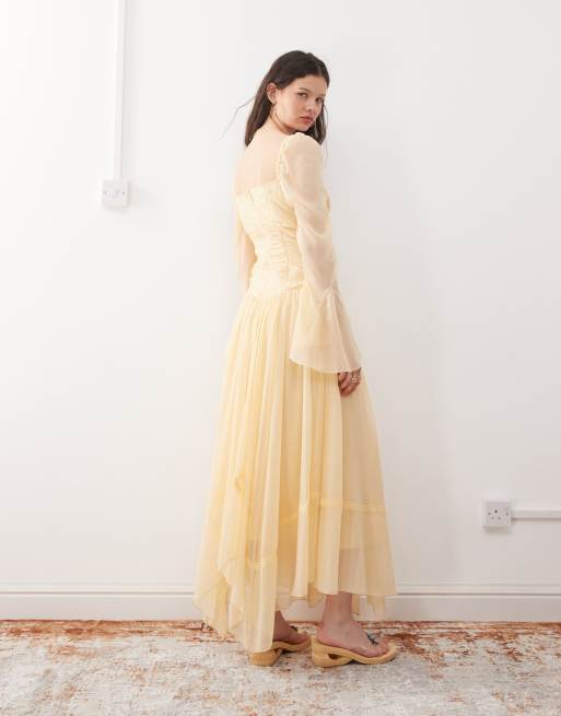 Reclaimed Vintage maxi dress with long sleeves and ruffles in butter yellow