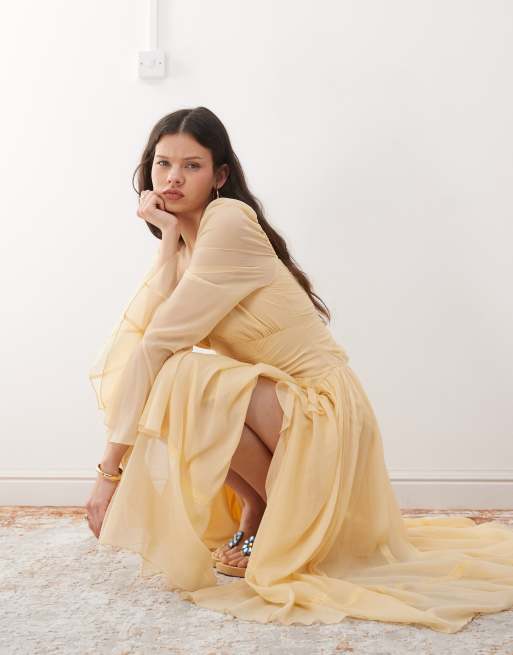 Reclaimed Vintage maxi dress with long sleeves and ruffles in butter yellow