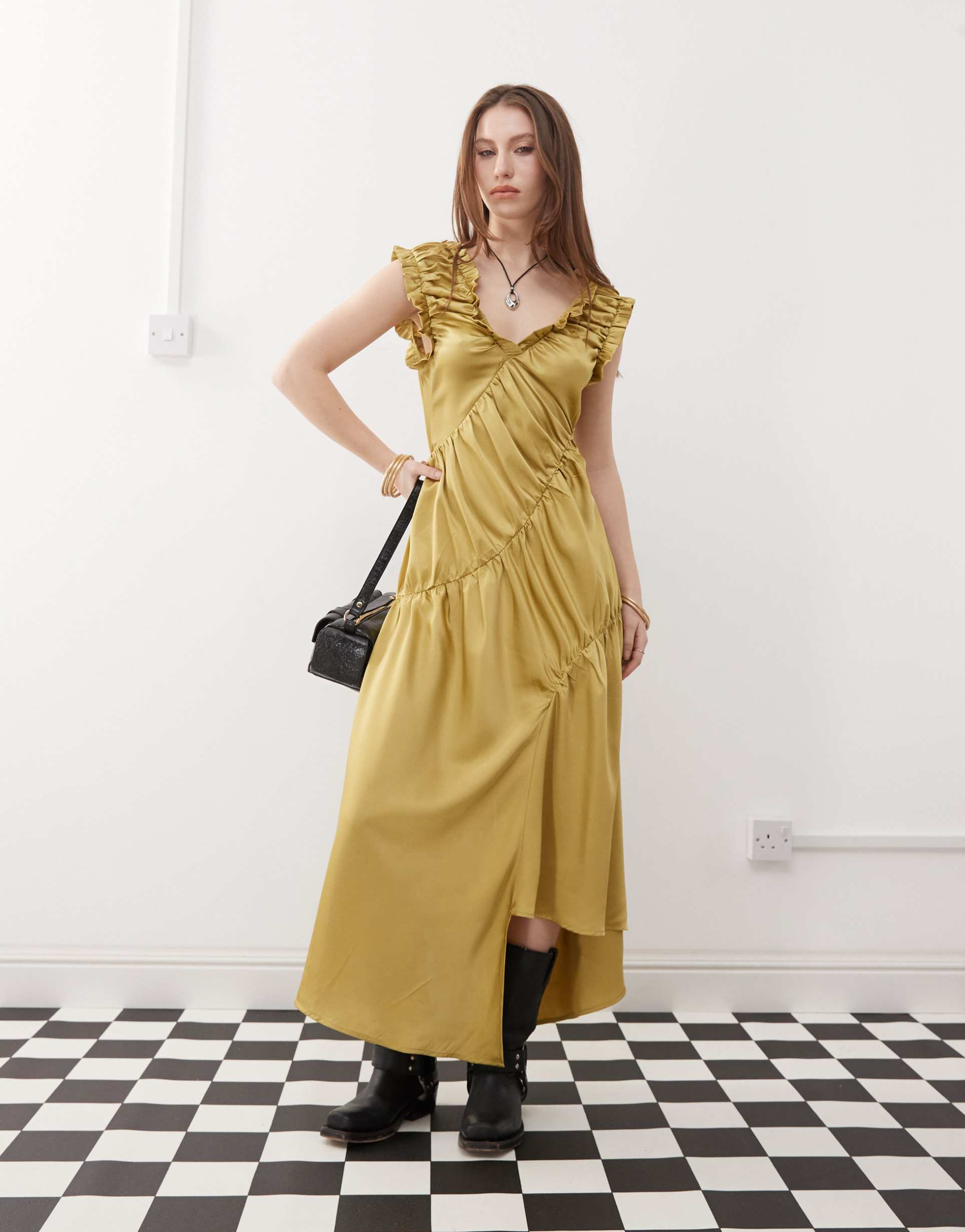 reclaimed vintage maxi dress with ruched detailing in green