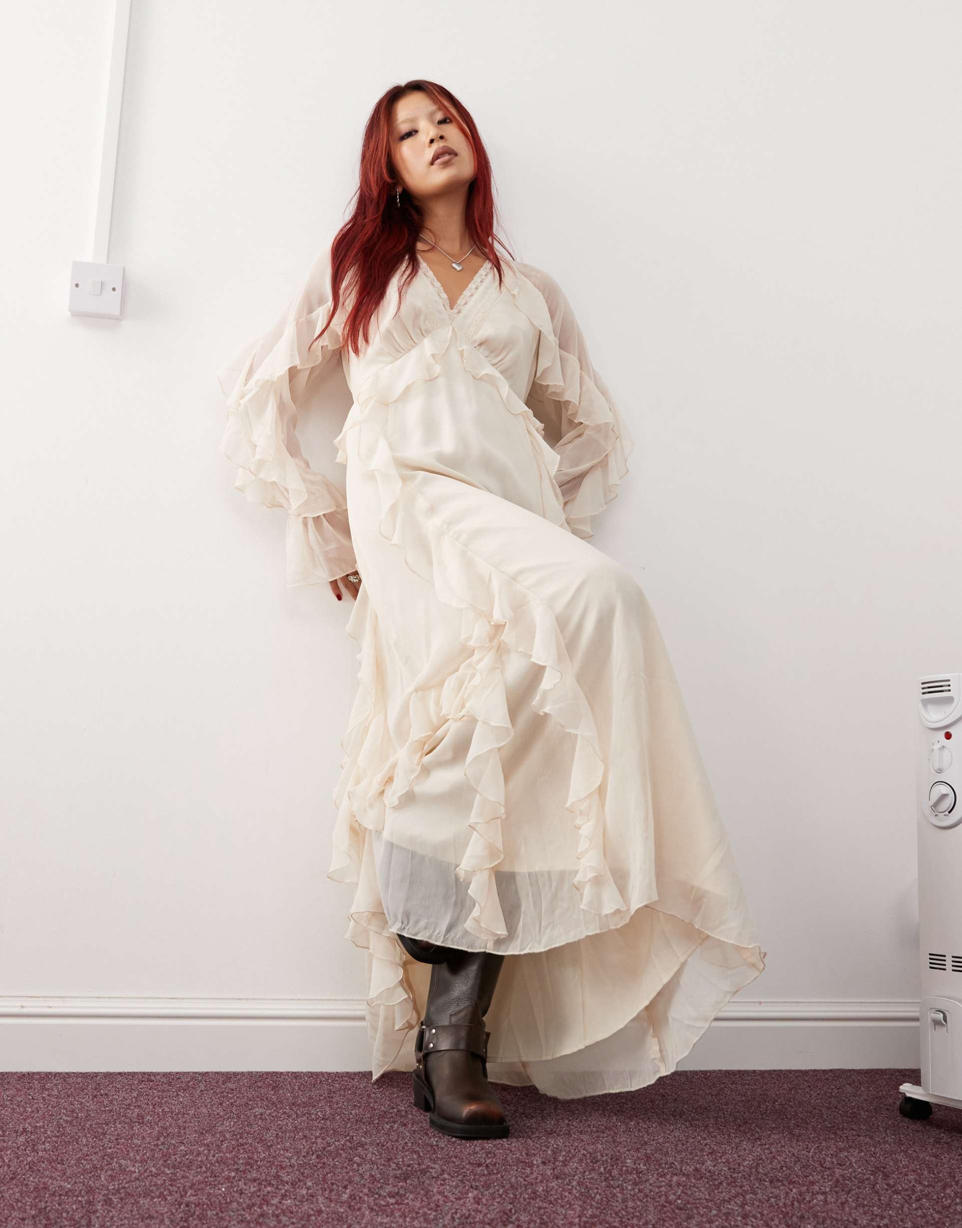 reclaimed vintage maxi dress with ruffles in cream