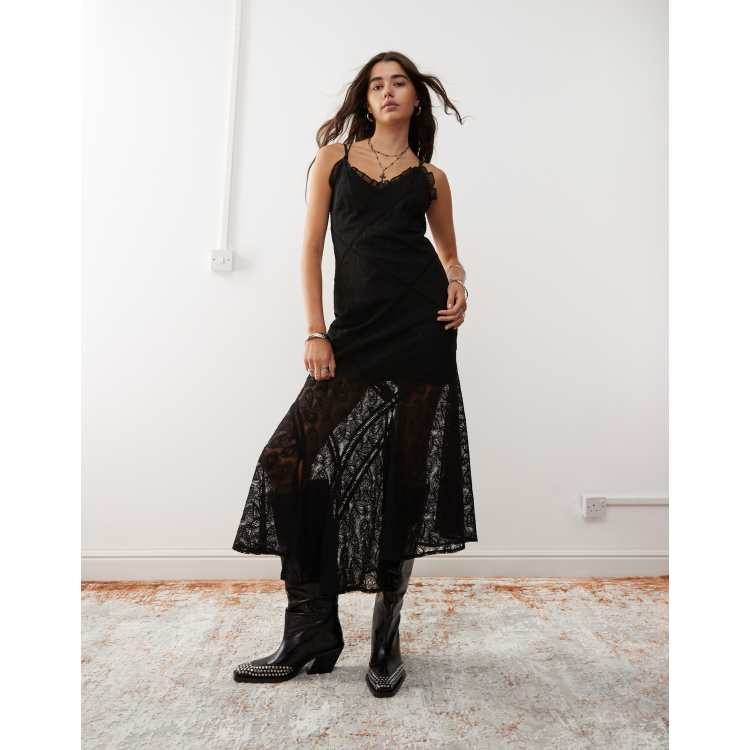 Reclaimed Vintage maxi dress with spliced lace panels in black | ASOS