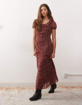 Reclaimed Vintage - Maxi-Freizeitkleid in Burgunderrot mit Puffärmeln, Blumenmuster und Rüschenkragen-Bunt