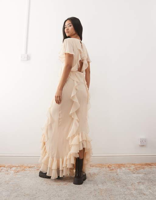 Reclaimed Vintage – Maxi-Freizeitkleid in Cremeweiß mit Rüschen und asymmetrischem Saum, 3 von 4