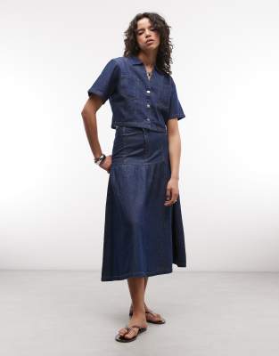 Maxi-Jeansrock in Indigoblau mit tiefer Taille, Kombiteil Blau 32
