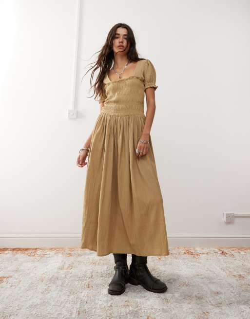 Reclaimed Vintage - Maxi-jurk met gerimpelde mouwen en lijfje in antiek crème