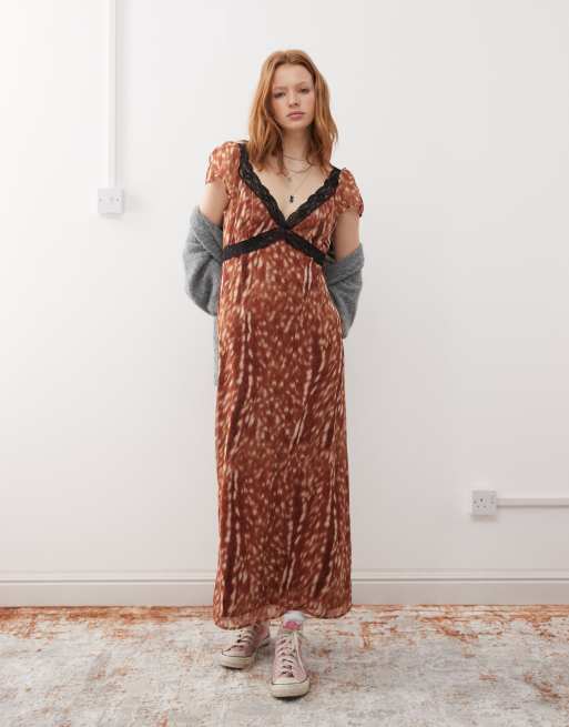 Reclaimed Vintage - Maxi jurk met kant in hertenprint
