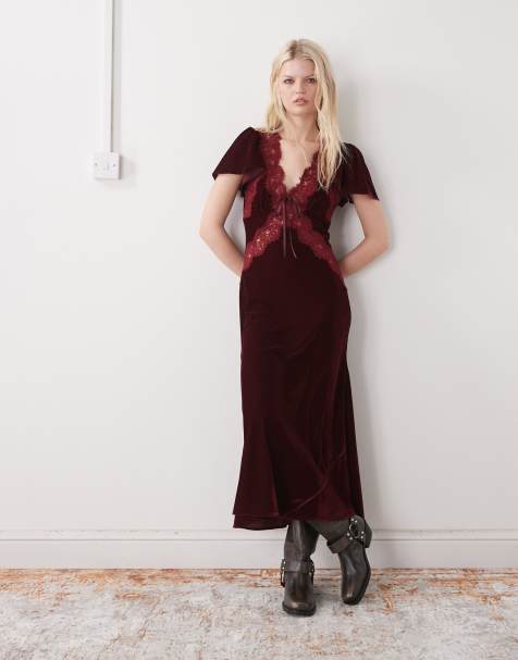 Reclaimed Vintage - Maxi jurk met kanten inzetstukken in bordeauxrood fluweel - view 1