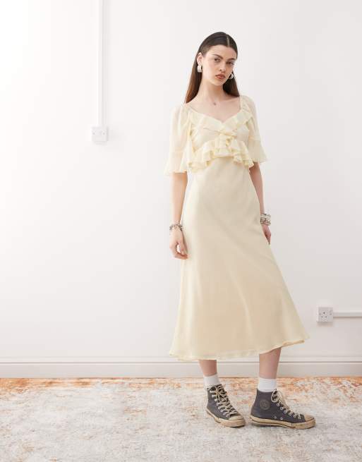 Reclaimed Vintage - Maxi-jurk met ruches in karnemelkgeel chiffon