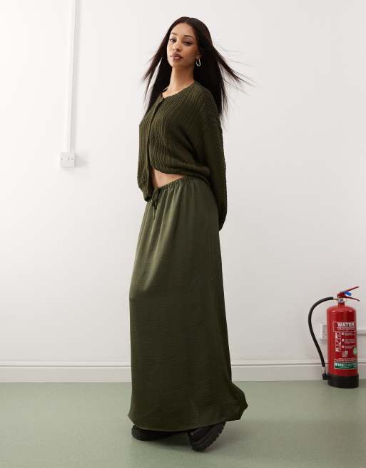 Reclaimed Vintage maxi satin skirt in khaki | ASOS