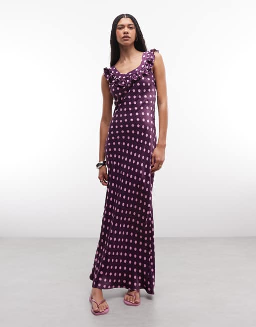 Reclaimed Vintage maxi satin tea dress with frill neck in raspberry spot
