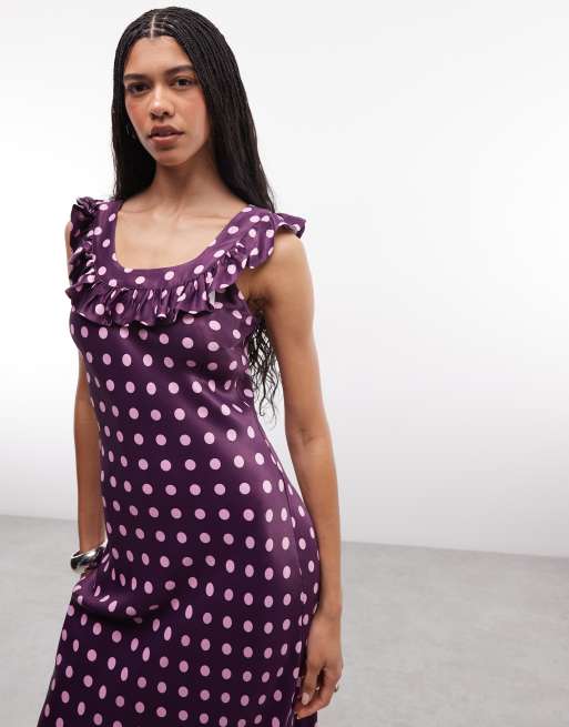 Reclaimed Vintage maxi satin tea dress with frill neck in raspberry spot, 2 of 4