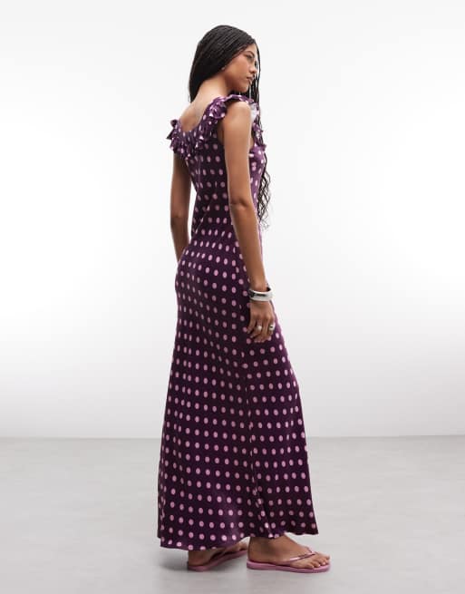 Reclaimed Vintage maxi satin tea dress with frill neck in raspberry spot, 4 of 4