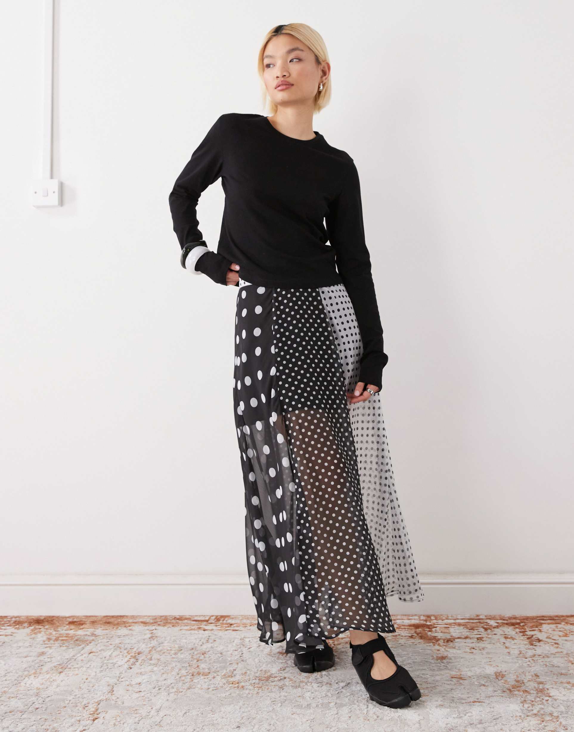 reclaimed vintage maxi sheer skirt in spliced polka dot print