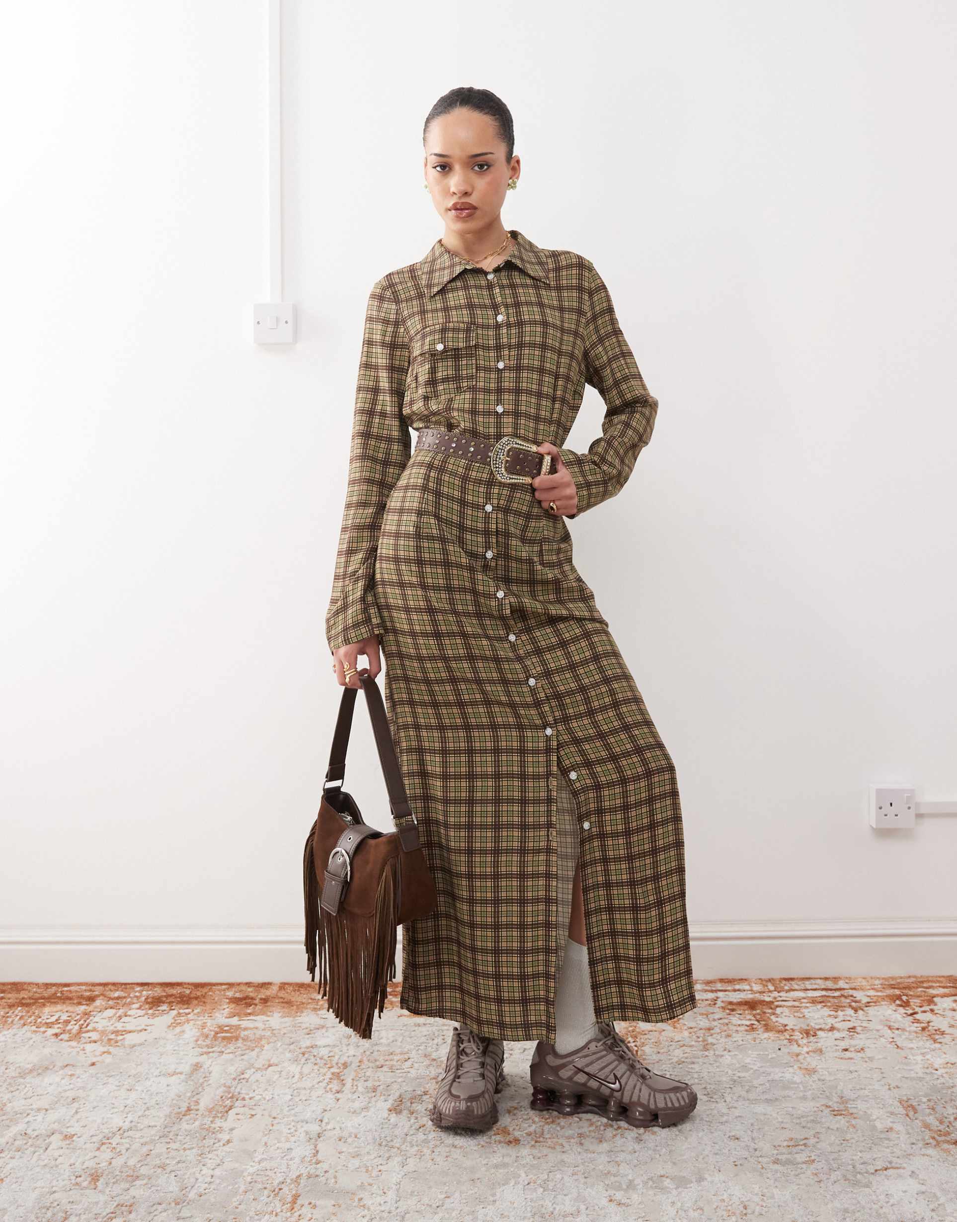 reclaimed vintage maxi shirt dress in check