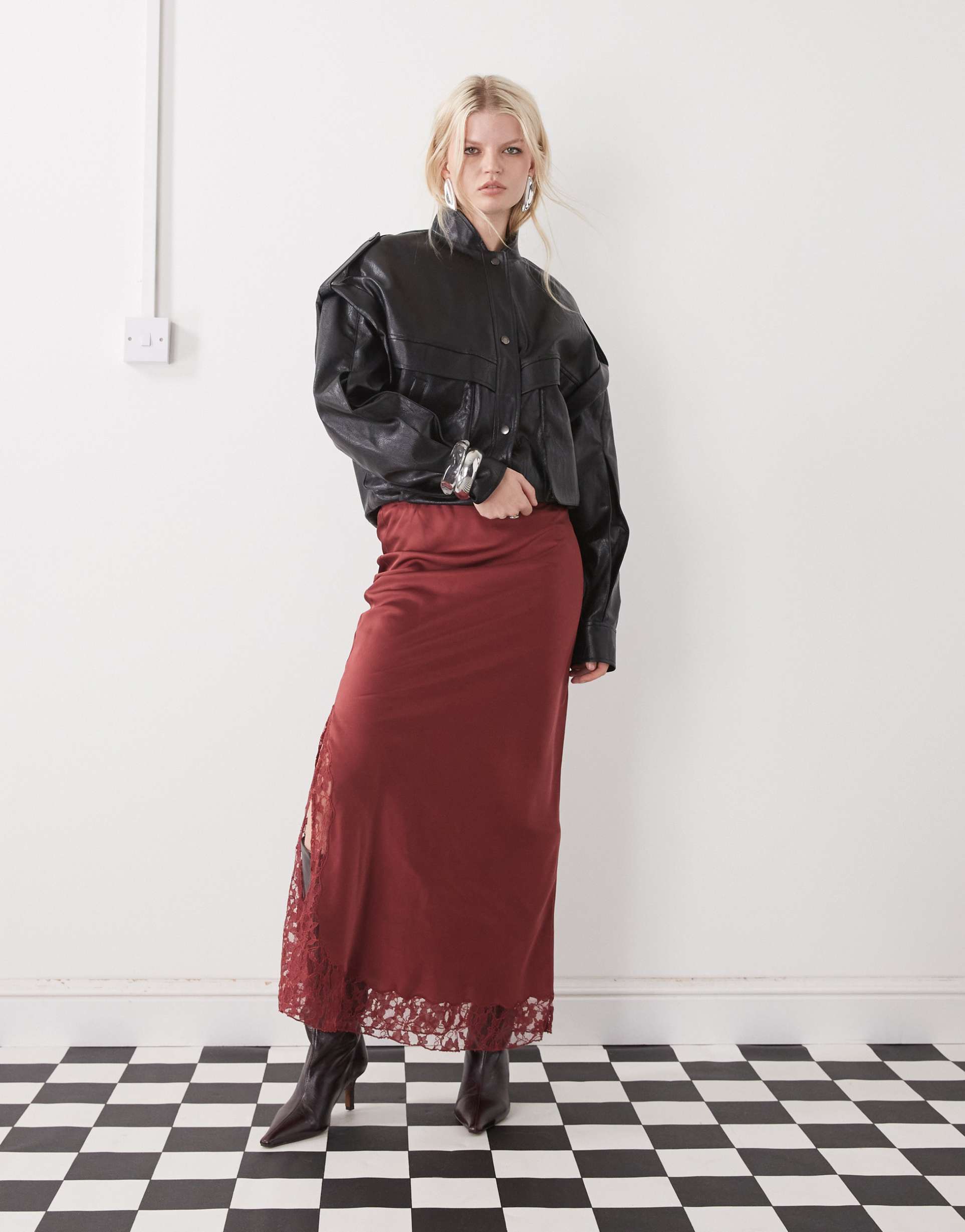 reclaimed vintage maxi skirt with lace inserts in rust red