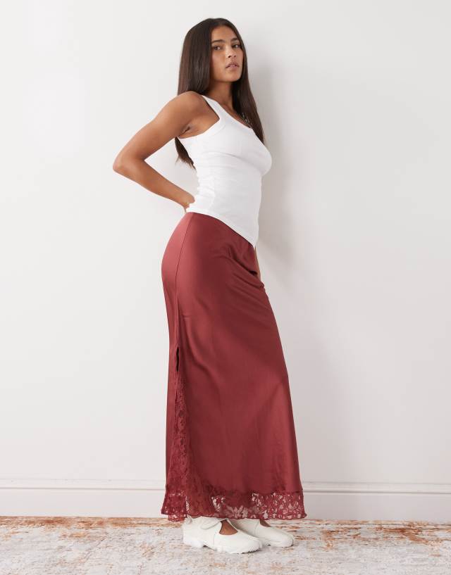 Reclaimed Vintage maxi skirt with lace inserts in rust red | ASOS