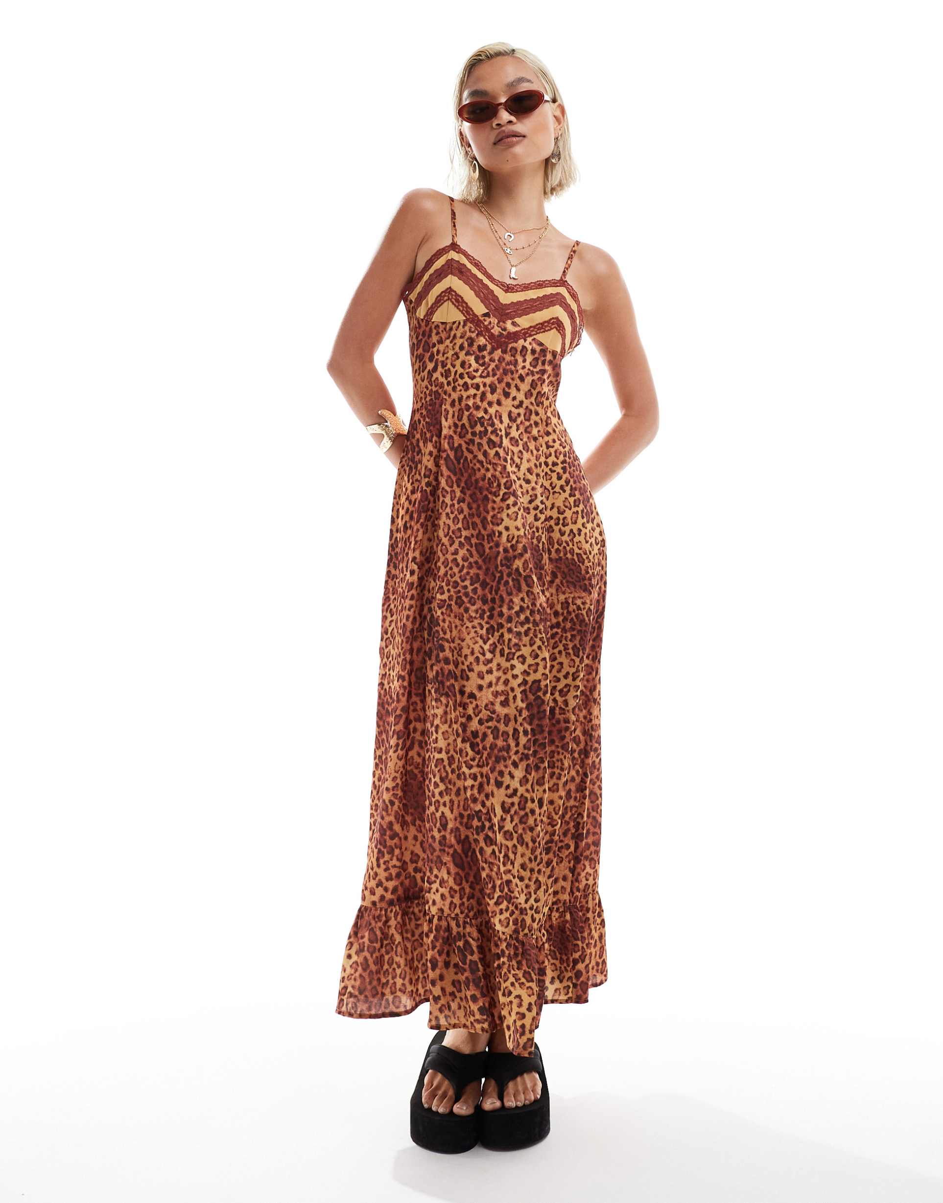 reclaimed vintage maxi slip dress in lepoard print with lace and bow details