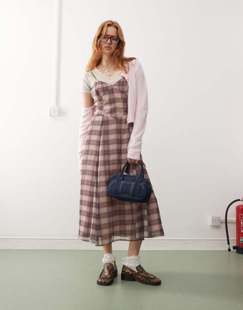 Reclaimed Vintage maxi slip dress in washed pink check - view 1