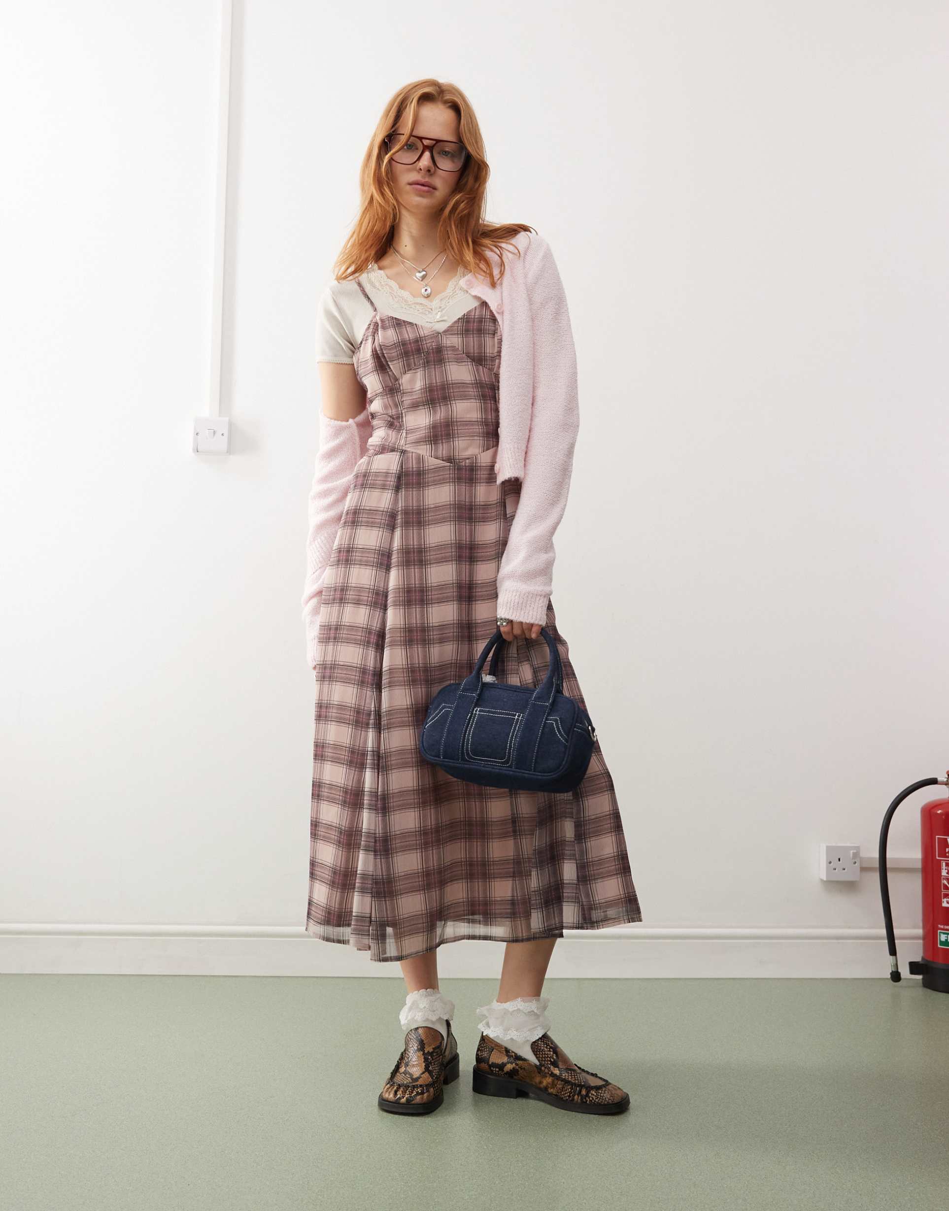 reclaimed vintage maxi slip dress in washed pink check
