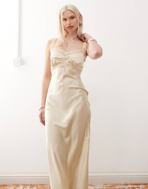 Reclaimed Vintage maxi slip dress with contrast pink trim in cream - view 1