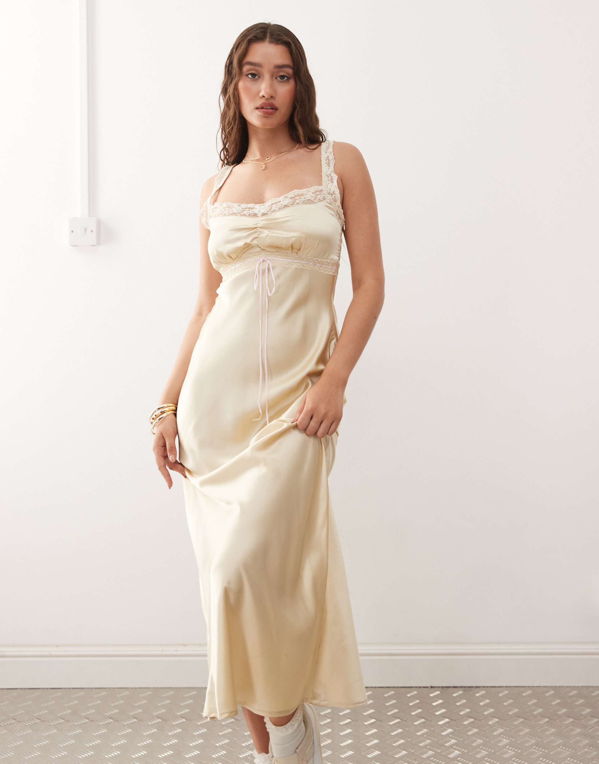 reclaimed vintage maxi slip dress with contrast pink trim in cream